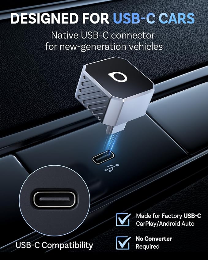 OTTOCAST USB-C Mini 3.0 Wireless CarPlay & Android Auto Adapter – for Apple iPhone/AndroidPhone, 2-in-1 Multi-User Type-C Wireless Bluetooth Dongle, for Cars with Wired CarPlay/Android Auto (Silver)