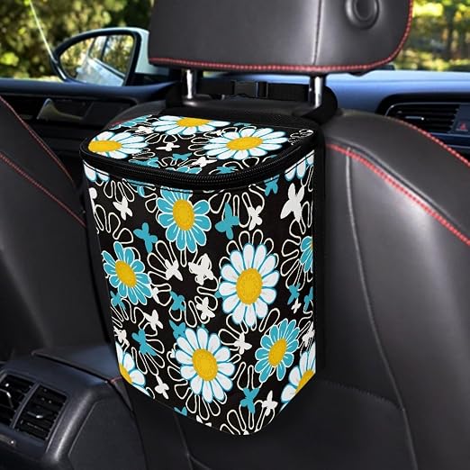 White Green Daisy Flower Print Car Trash Can with Lid Car Accessories for Men Women Trash Bin Hanging Back of Seat Collapsible Leak Proof Multipurpose Vehicle Garbage Can