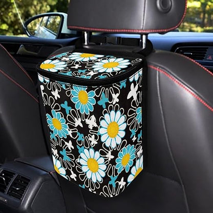 White Green Daisy Flower Print Car Trash Can with Lid Car Accessories for Men Women Trash Bin Hanging Back of Seat Collapsible Leak Proof Multipurpose Vehicle Garbage Can
