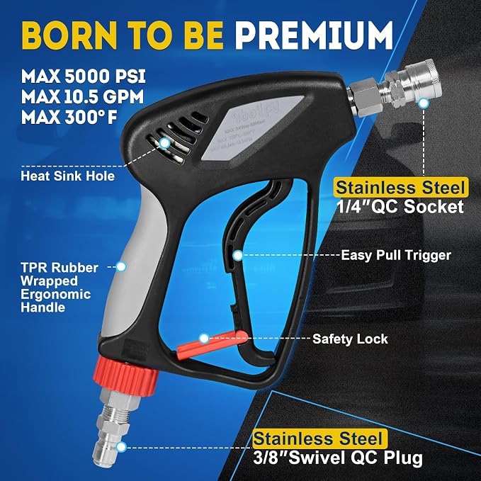 TOOLCY Pro Short Pressure Washer Gun 5000 PSI with Swivel, 304 Stainless Steel 3/8" Quick Connect Inlet, High Pressure Washer Gun with 1/4" Quick Connect, Includes 3/8" QC to M22-14mm Adapter
