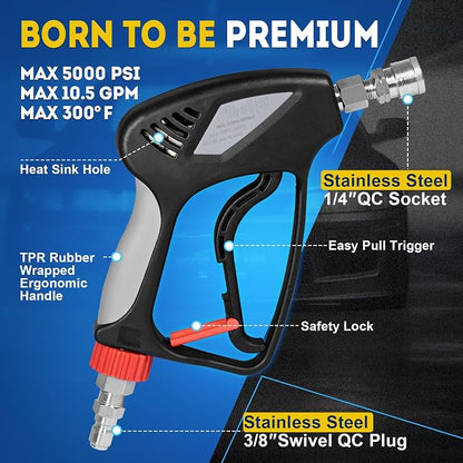 TOOLCY Pro Short Pressure Washer Gun 5000 PSI with Swivel, 304 Stainless Steel 3/8" Quick Connect Inlet, High Pressure Washer Gun with 1/4" Quick Connect, Includes 3/8" QC to M22-14mm Adapter