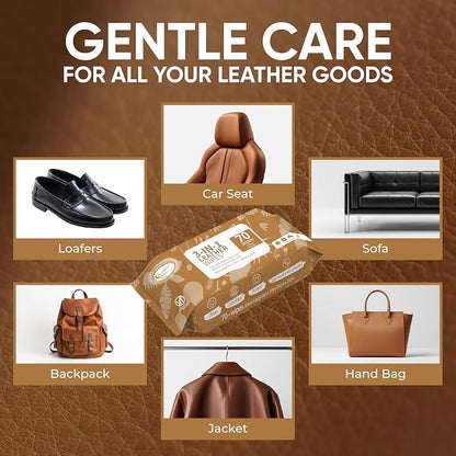 Air Jungles 3in1 Leather Cleaner Wipes 70 Count, Extra Large 8" x 10" Size, Clean Condition Protect Wipes for Vinyl and Leather Apparel Furniture Auto Car Interior Shoes Boots Bags