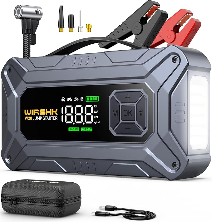 8000A Jump Starter with Air Compressor, 160PSI, 12V | 8000A battery booster and 160PSI tire inflator for roadside emergencies, road trips and camping