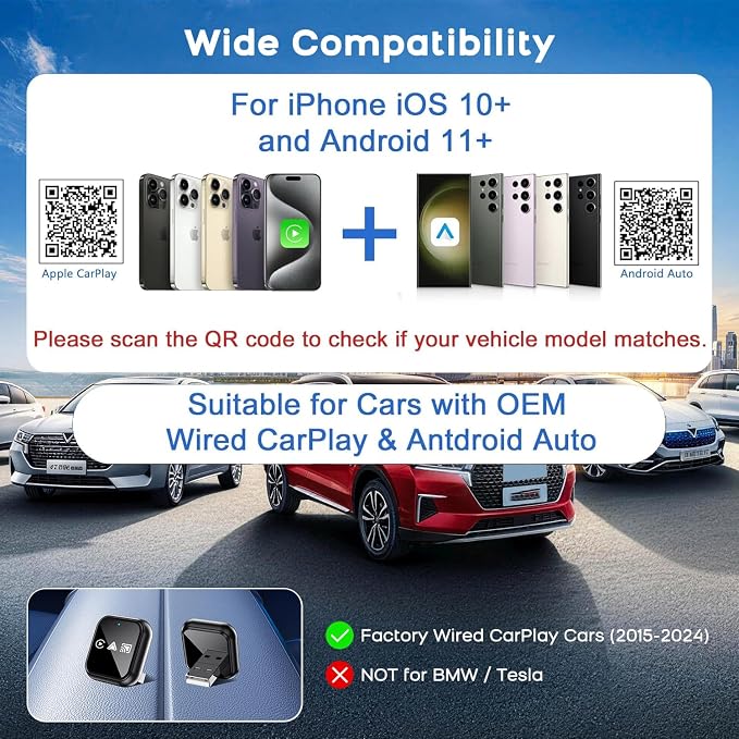 2026 Upgrade 3 in 1 Screen Mirror iOS Phone, Wired to Wireless CarPlay Adapter, 5.0GHz Bluetooth 5.4 Dongle for OEM Wired CarPlay（Not for Netflix/Hulu）