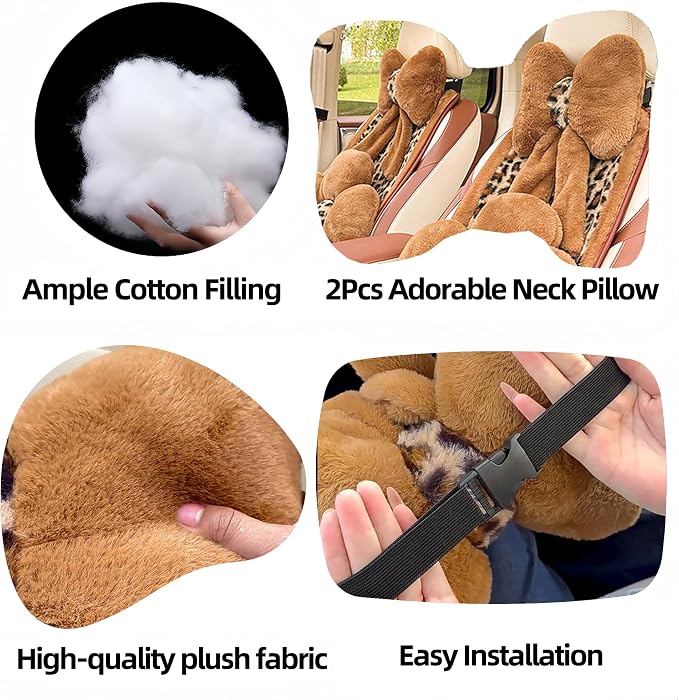 Car Neck Pillow 2PCS Plush Bowknot Car Headrest Pillow – Comfortable Neck Support for Driving Soft Touch Fabric Car Pillow Cute Interior Decor (Brown)