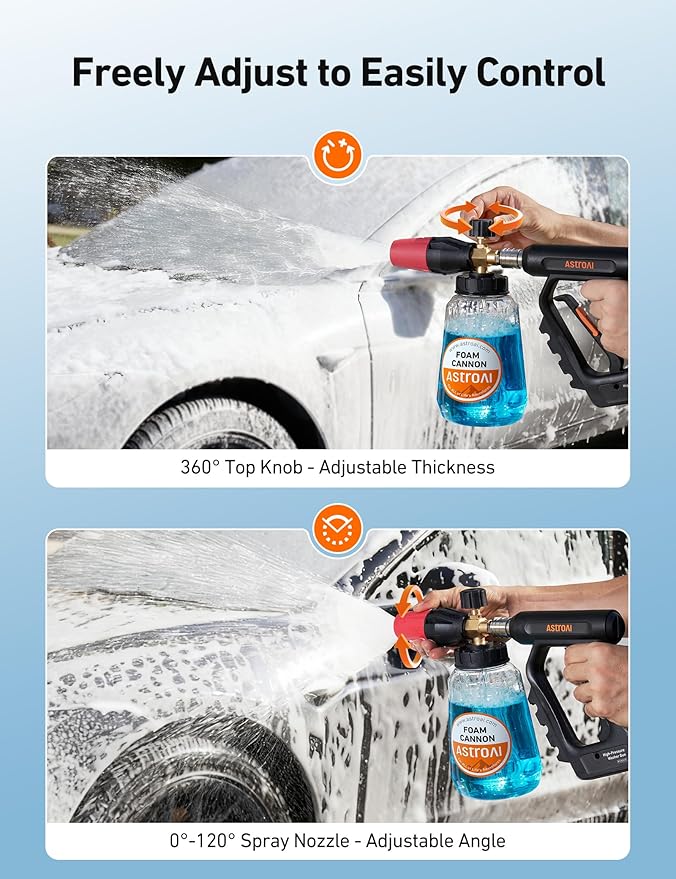 AstroAI Foam Cannon for Pressure Washer, Snow Clear Foam Cannon, Wide Neck Foam Blaster Adjustable Nozzle for Car Wash Accessories, with 1/4 Inch Quick Connector,1 L Clear Bottle