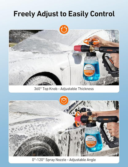 AstroAI Foam Cannon for Pressure Washer, Snow Clear Foam Cannon, Wide Neck Foam Blaster Adjustable Nozzle for Car Wash Accessories, with 1/4 Inch Quick Connector,1 L Clear Bottle