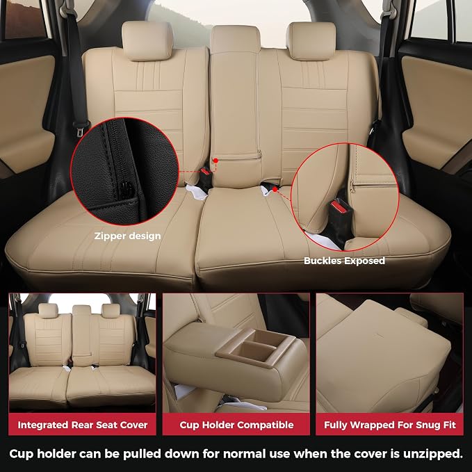 FREESOO RAV4 Seat Covers Full Set Custom Fit for Toyota Rav4 Gasoline LE (NOT for Hybrid) 2013 2014 2015 2016 2017 2018, Faux Leather Car Seat Cover, Airbag Compatible, Beige