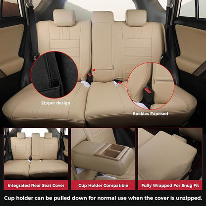 FREESOO RAV4 Seat Covers Full Set Custom Fit for Toyota Rav4 Gasoline LE (NOT for Hybrid) 2013 2014 2015 2016 2017 2018, Faux Leather Car Seat Cover, Airbag Compatible, Beige