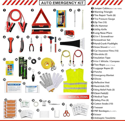 Kitgo Car Emergency Kit,Premium Roadside Assistance Essentials with Jumper Cables, Flashlight, Shovel, Screwdriver Set - Ideal Auto Road Safety Kit, Survival, Truck, RV and More Gift for Father (Red)