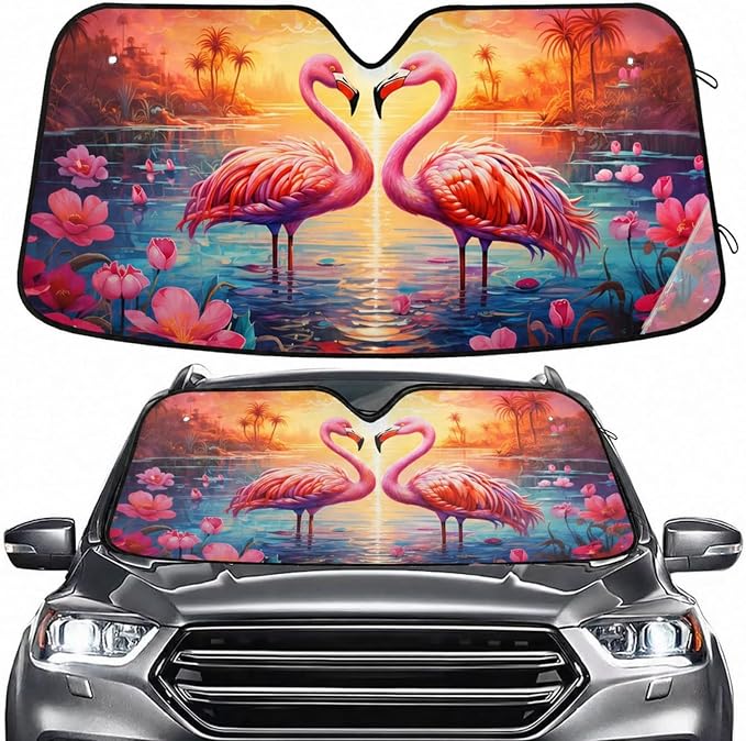 Windshield Sun Shade Flamingos Sunset Front Window Block UV Shades Visor Reflective Retractable for Car SUV Trucks
