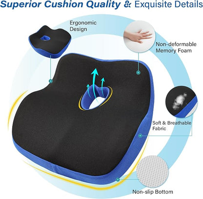 Car Seat Cushion, Ergonomic Memory Foam Car Cushion for Sciatica Pain Relief, Larger Driving Seat Pillow for Short Drivers on Long Drives - Butt Pillow for Truck, Office, Wheelchair - Black&Blue