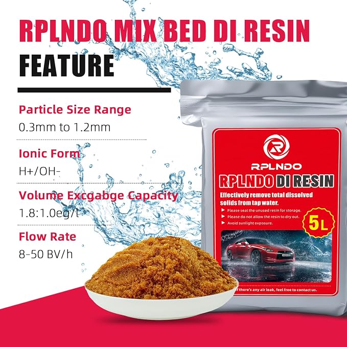 Mixed Bed Deionized Di Resin Refill for Spotless Water System for Car Wash, 5 Liters, Aquarium Filter, Deionized Car Wash, with Replacement Sand Bag&Paper Funnel