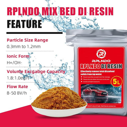 Mixed Bed Deionized Di Resin Refill for Spotless Water System for Car Wash, 5 Liters, Aquarium Filter, Deionized Car Wash, with Replacement Sand Bag&Paper Funnel