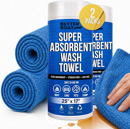 Super Absorbent Towels, Synthetic Chamois Cloth for Car and Boat Drying, Smooth Cooling Towel, Marine Grade Cleaning Supplies, PVA Shammy Wash 2 Pack