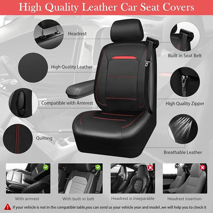 CAR PASS Leather Car Seat Cover Full Set with Steering Wheel Cover and 2PCS Seat Belt Shoulder Pads,for Trucks and SUV with Built-in Seatbelts and Front Seat Side Armrests(Combo Set, Black and Red)