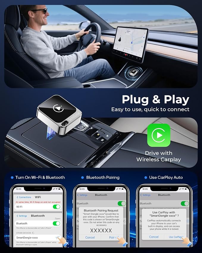 Jemluse Wireless CarPlay Adapter for Apple - Mini Size, Fast Stable Connection Convert Wired to Wireless Car Play Dongle for iPhone iOS 10+, Plug & Play for Cars from 2016+ w/USB-C (Silver)