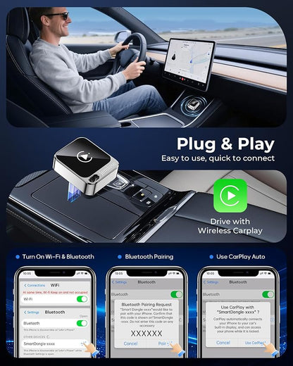 Jemluse Wireless CarPlay Adapter for Apple - Mini Size, Fast Stable Connection Convert Wired to Wireless Car Play Dongle for iPhone iOS 10+, Plug & Play for Cars from 2016+ w/USB-C (Silver)