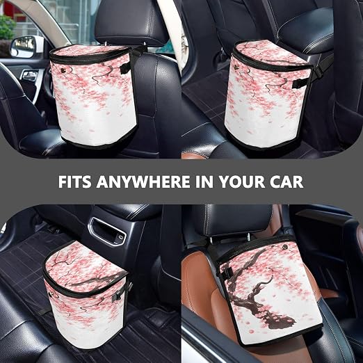 senya Car Trash Can Car Garbage Can Car Waste Basket, Leak-Proof Car Trash Bin,Japanese Cherry Tree Blossom Car Trash Hanging Car Accessories Interior Car Organizer Bag