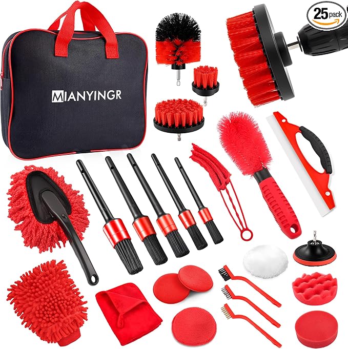 25Pcs Car Detailing Kit with Drill Brushes, Car Cleaning Kit for Interior Exterior, Wheel & Tire Brushes, Polishing Pads for Waxing, Auto Detailing Tools – Gift for Men Dad (25PCS)