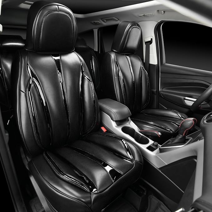 CAR PASS Ultra+ Nappa Patent Leather Car Seat Covers Full Set Universal Cushioned,Soft Breathable Waterproof Anti-Slip Driver Seats Backrest for SUV Pick-up Truck Sedan,5 Seats Aether Lustre All Black