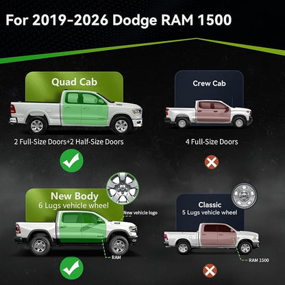 6 Inch Running Boards Compatible with 2019-2026 Dodge Ram 1500 New Body Quad Cab/Extended Cab, Two-Stair Side Step Rail Drop Nerf Bars (Exclude Ram 1500 Classic)