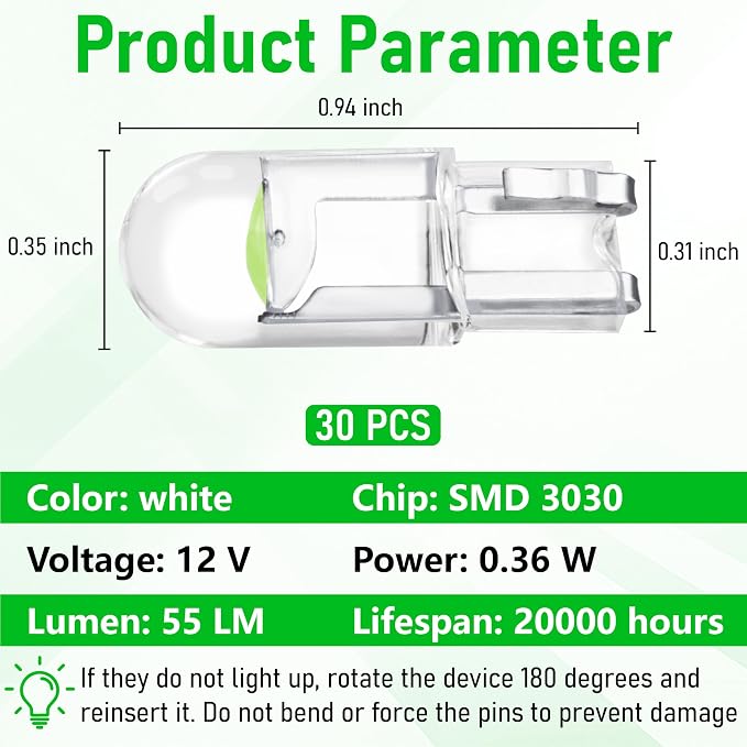 ecocstm 30 PCS Car 194 LED Bulbs, 168 2825 W5W T10 Wedge COB LED Replacement Bulb, Error Free Interior Bulb for Dashboard Light, Dome Lights (Green)