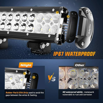 Nilight 20Inch 126W LED Light Bar Spot Flood Combo Driving Off Road with Front License Plate Mounting Bracket Wiring Harness for Trucks Pickup Car SUV ATV UTV 4x4 Van Camper, 2 Years Warranty
