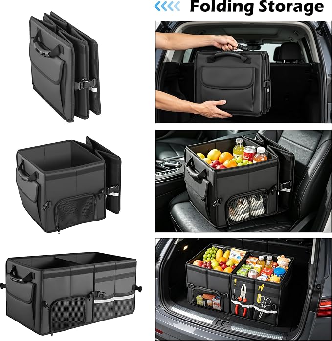 Trunk Organizer Car Organizer Leather Storage Box Foldable Trunk Organizer for SUVs & Sedans Sturdy Car Organization for Car Accessories, Tools, Sundries, Collapsible and Adjustable, 23.6 Inch