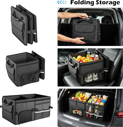 Trunk Organizer Car Organizer Leather Storage Box Foldable Trunk Organizer for SUVs & Sedans Sturdy Car Organization for Car Accessories, Tools, Sundries, Collapsible and Adjustable, 23.6 Inch
