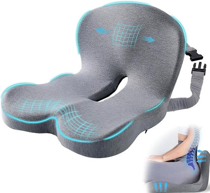 Car Seat Cushion, Memory Foam Driving Cushion with Adjustable Strap, Ergonomic Pad for Car & Semi Truck, Office Chair Cushion for Sciatica & Lower Back Pain Relief, Light Gray