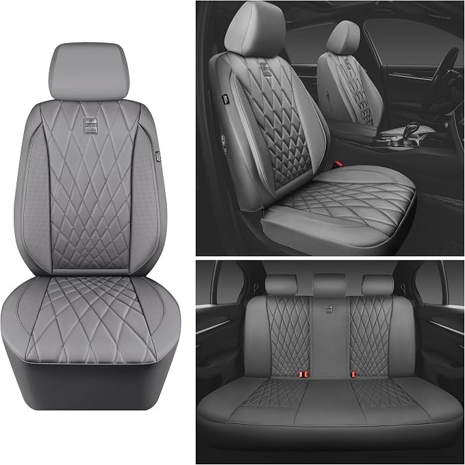 CAR PASS Piping Luxury Leather Seat Covers Full Set,5 Seats Anti-Slip Waterproof Seat Covers Compatible with Front Armrests,Universal Fit for Sendans, Suvs,Vans,Trucks,Airbag Compatible,Pure Gray