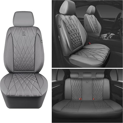 CAR PASS Piping Luxury Leather Seat Covers Full Set,5 Seats Anti-Slip Waterproof Seat Covers Compatible with Front Armrests,Universal Fit for Sendans, Suvs,Vans,Trucks,Airbag Compatible,Pure Gray