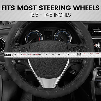 BDK Genuine Black Leather Steering Wheel Cover for Car, Small (13.5" - 14.5") – Ergonomic Comfort Grip for Men & Women, Car Steering Wheel Cover for Vehicles with Small Steering Wheels
