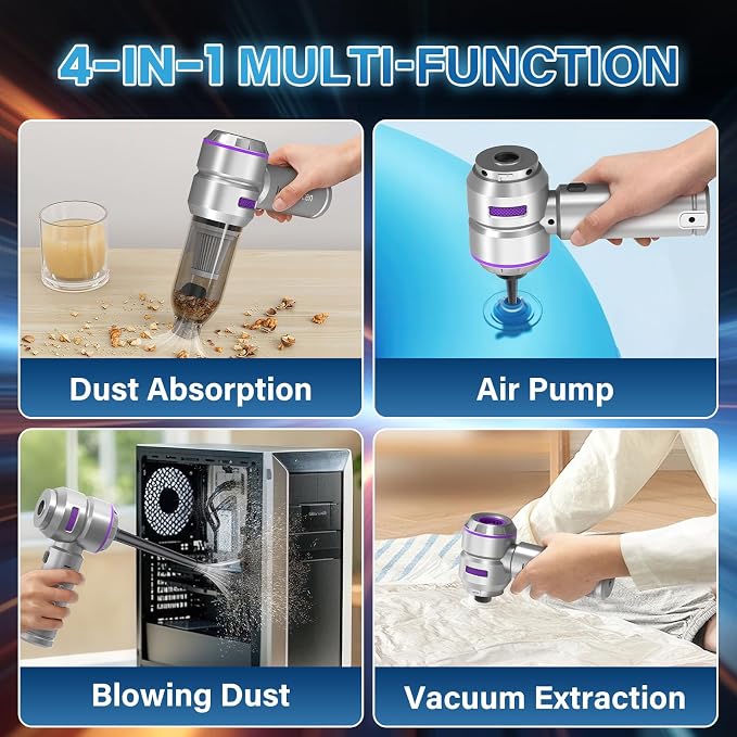 Car Vacuum Portable Cordless 20000pa High Power 4-in-1 Handheld Vacuum Cordless Rechargeable, Portable Vacuum with 3 Reusable Filter, Small Vacuums for Car Home Office & Pet(Silver Purple)