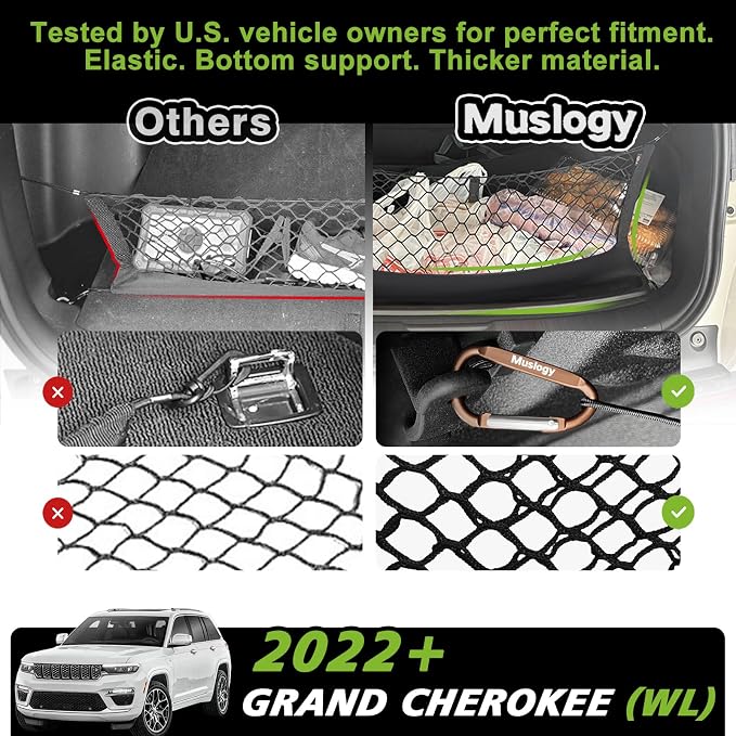 Muslogy Truck Bed Cargo Net Trunk Netting Compatible with 2022-2025 2026 Jeep Grand Cherokee WL (2-Row) Accessories, Pickup Cargo Organizer SUV Sedan Storage Net w/Heavy Duty Carabiners