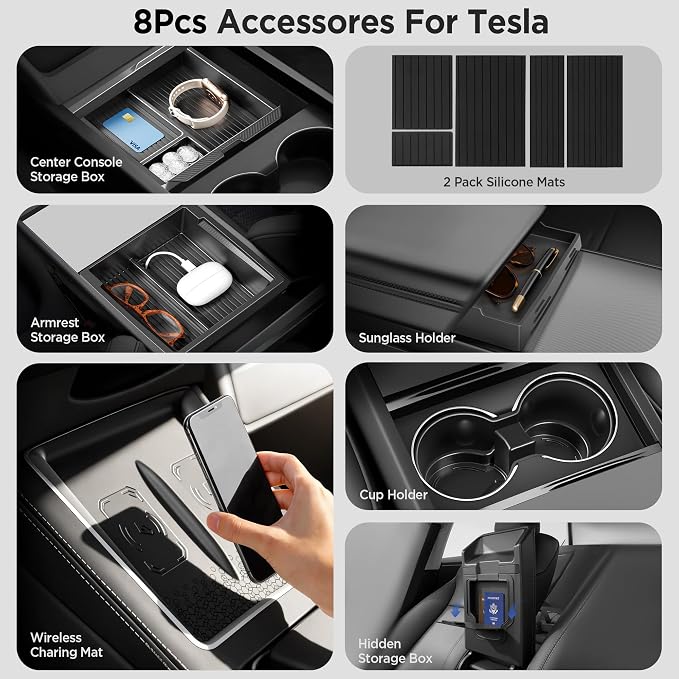 8PCS Center Console Organizer for Tesla Model Y Juniper Accessories 2026 2025 & for Tesla Model 3 Accessories 2024-2026 [Slide Smoothly & US Patent] Charging Pad Sunglasses Cup Holder Black