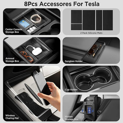 8PCS Center Console Organizer for Tesla Model Y Juniper Accessories 2026 2025 & for Tesla Model 3 Accessories 2024-2026 [Slide Smoothly & US Patent] Charging Pad Sunglasses Cup Holder Black