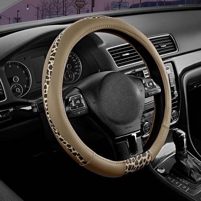 Road Comforts Steering Wheel Cover - Flat Bottom Wheel Cover Made with PVC Leather and Leopard Fabric - Universal Fit for 15-Inch D-Shaped Automotive Steering Wheels (Beige Color)