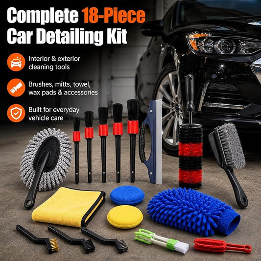 18-Piece Car Detailing Kit – Complete Car Interior Detailing Kit and Exterior Cleaning Set with Detail Brushes, Wire Brushes, Waxing Mop, and Microfiber Accessories for Vehicles