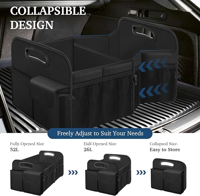 Femuar Car Trunk Organizer with Large Capacity Waterproof Car Accessories for Women & Men, Collapsible Trunk Organizer for Suv/Jeep/Sedan,Tools (Black, Standard)