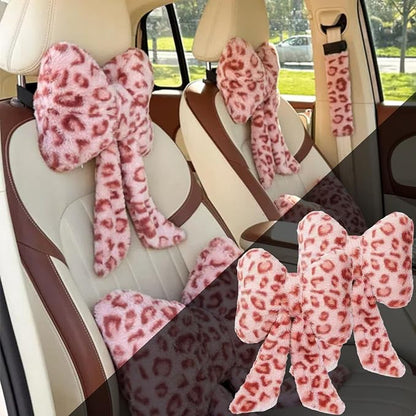 Car Neck Pillow 2PCS Plush Bowknot Car Headrest Pillow – Comfortable Neck Support for Driving Soft Touch Fabric Car Pillow Cute Interior Decor (Pink Leopard)