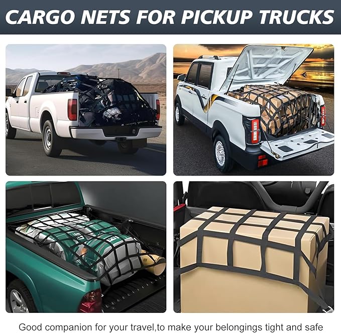 Heavy Duty Cargo Net for Pickup Truck Bed 66" x 50" 1100 lbs Capacity with Adjustable Cam Buckles S-Hooks and Drawstring Storage Bag, Durable Nylon for Trailers and Trucks