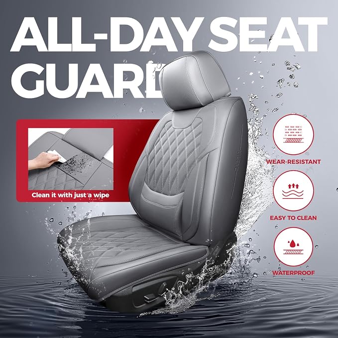 FREESOO Front Car Seat Covers - Luxury Breathable Waterproof Faux Leather Car Seat Cushion Protectors with Lumbar Support, Universal Fit for Most 5 Seats Vehicles, Sedans, Hatchbacks, and Trucks, Gray
