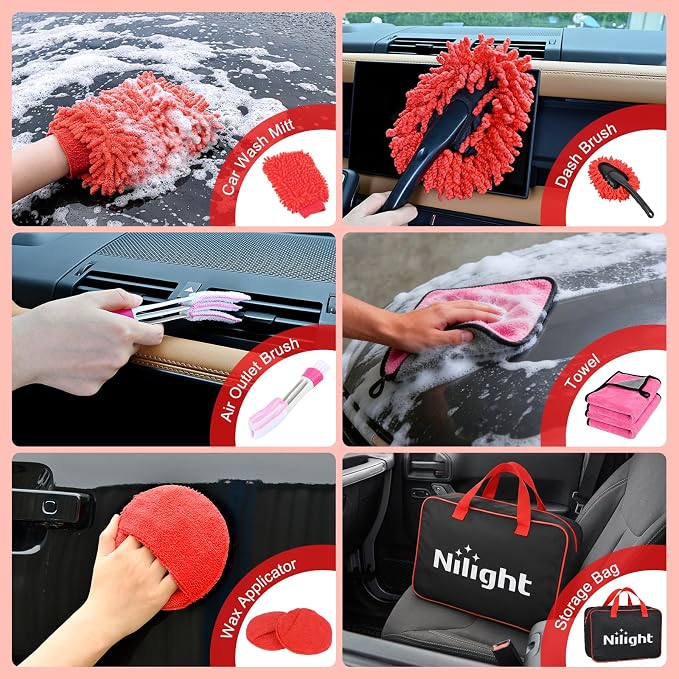 Nilight 27PCS Car Detailing Kit Auto Cleaning Tools Wash Set with Storage Carry Bag Home Use for Interior Exterior Deep Clean Polish Car Care Windshield Dashboard Seat Air Vents Wheels Tires, Red