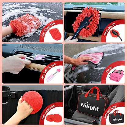 Nilight 27PCS Car Detailing Kit Auto Cleaning Tools Wash Set with Storage Carry Bag Home Use for Interior Exterior Deep Clean Polish Car Care Windshield Dashboard Seat Air Vents Wheels Tires, Red