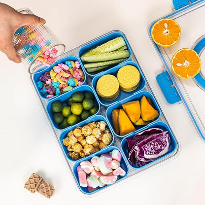 WACOI Divided Snack Serving Tray with Lid and Handle Travel Snackle Charcuterie Container Portable Storage Organizer for Candy, Fruits, Nuts, Snacks, Party, Picnic (1pack, Cerulean)