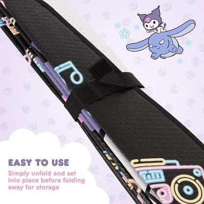 Carbella Kuromi Car Windshield Sun Shade, Official Sanrio Accordion Style Sunshade for Car Window, Cute Kawaii Car Sun Shade Windshield, Kuromi Car Accessories for Women (Neon Party)
