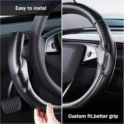 Steering Wheel Cover for Tesla Model 3 2024-Present Highland/Tesla Model Y Juniper 2025-Present, Carbon Fiber Steering Wheel Cover for Tesla Model 3 Highland/Y Juniper Accessories, Matte Black