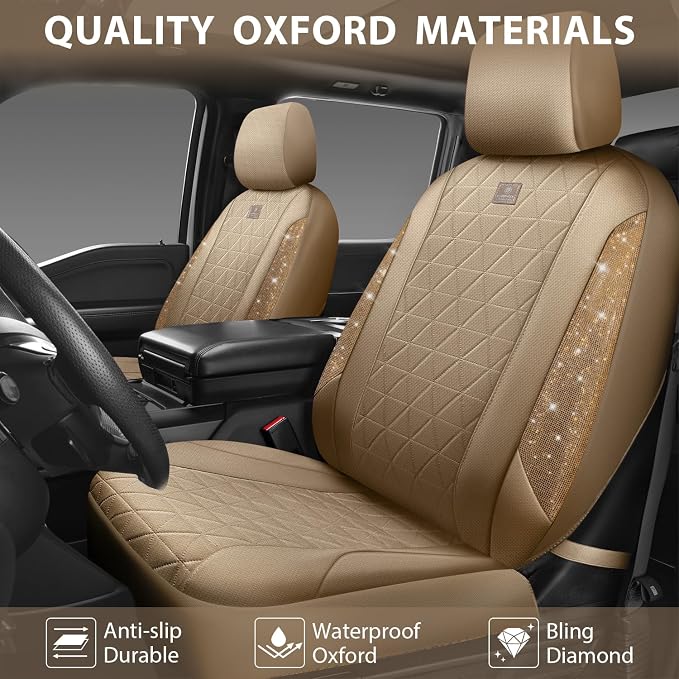 CAR PASS Beige Oxford Bling Diamond Car Seat Covers Full Set Interior Sets, Waterproof Shining Glitter Sparkly Crystal Universal Armrest Fit 95% Automotive Truck SUV Cute Women Girl, Beige Rhinestone